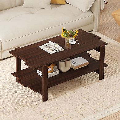 2-Tier Modern Rectangular Coffee Table with Open Storage Shelf and Slatted Design for Living Room