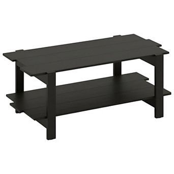 2 tier Modern Rectangular Coffee Table with Open Storage Shelf and Slatted Design for Living Room
