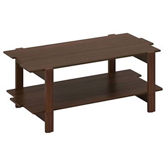 2 tier Modern Rectangular Coffee Table with Open Storage Shelf and Slatted Design for Living Room