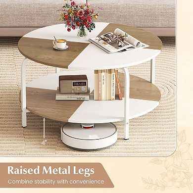 2-Tier Round Coffee Table with Storage Shelf and Split Top Design for Living Room