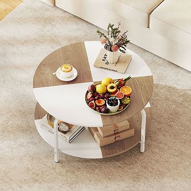 2-Tier Round Coffee Table with Storage Shelf and Split Top Design for Living Room