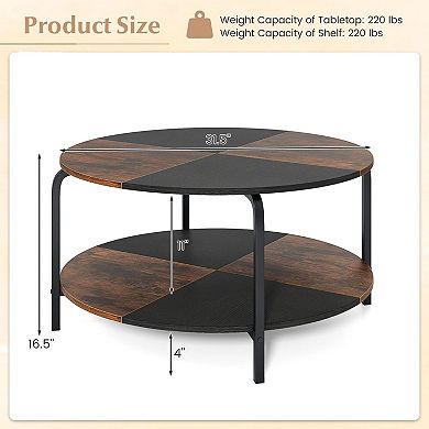 2-Tier Round Coffee Table with Storage Shelf and Split Top Design for Living Room