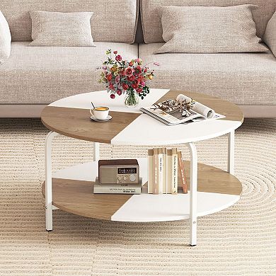 2-Tier Round Coffee Table with Storage Shelf and Split Top Design for Living Room