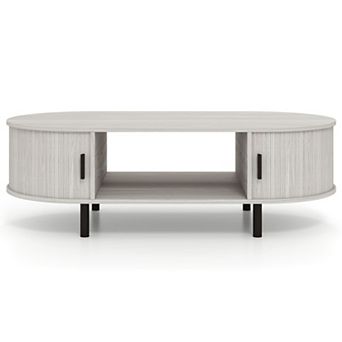Modern Oval Coffee Table with Sliding Tambour Doors and Hidden Storage Compartments