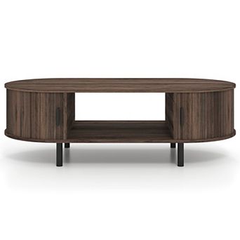 Modern Oval Coffee Table with Sliding Tambour Doors and Hidden Storage Compartments