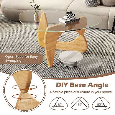 Modern Triangle Glass Coffee Table with Tempered Glass Top and Wooden Base