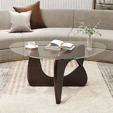Modern Triangle Glass Coffee Table with Tempered Glass Top and Wooden Base