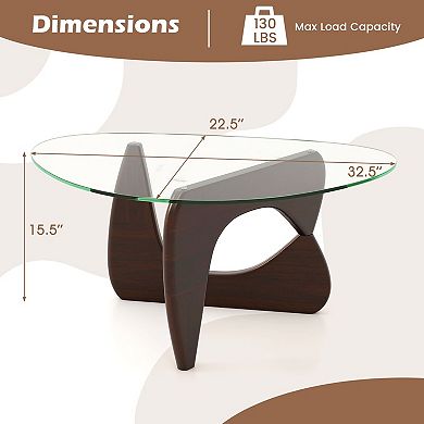 Modern Triangle Glass Coffee Table with Tempered Glass Top and Wooden Base