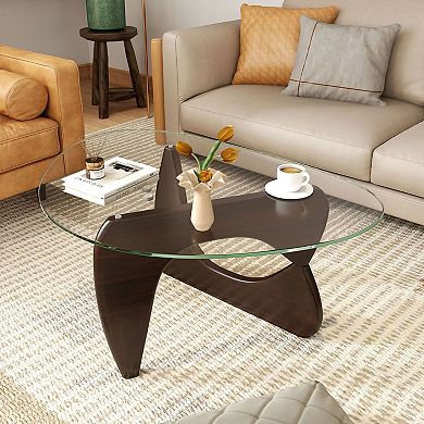 Modern Triangle Glass Coffee Table with Tempered Glass Top and Wooden Base