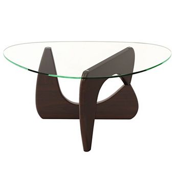 Modern Triangle Glass Coffee Table with Tempered Glass Top and Wooden Base