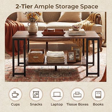 2 Tier Modern Rectangular Coffee Table with Open Storage Shelf and Metal Frame for Living Room