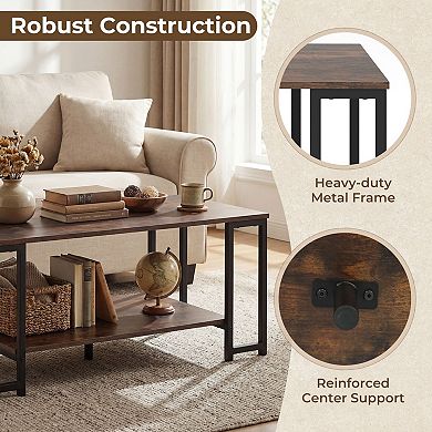 2 Tier Modern Rectangular Coffee Table with Open Storage Shelf and Metal Frame for Living Room