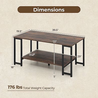 2 Tier Modern Rectangular Coffee Table with Open Storage Shelf and Metal Frame for Living Room