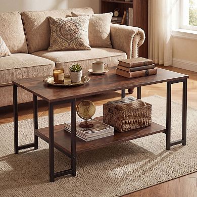 2 Tier Modern Rectangular Coffee Table with Open Storage Shelf and Metal Frame for Living Room