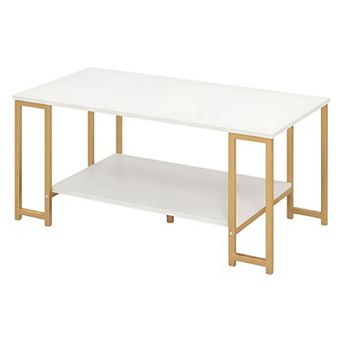 2 tier Modern Rectangular Coffee Table with Open Storage Shelf and Metal Frame for Living Room