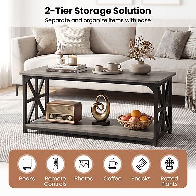 2 Tier Coffee Table with Storage Shelf and X Frame Sides for Living Room
