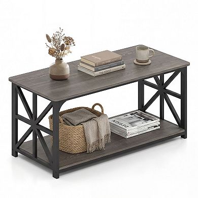 2 Tier Coffee Table with Storage Shelf and X Frame Sides for Living Room
