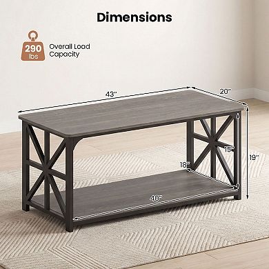 2 Tier Coffee Table with Storage Shelf and X Frame Sides for Living Room