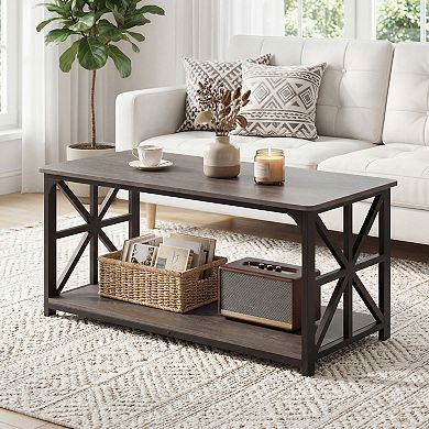 2 Tier Coffee Table with Storage Shelf and X Frame Sides for Living Room