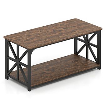 2 tier Coffee Table with Storage Shelf and X Frame Sides for Living Room
