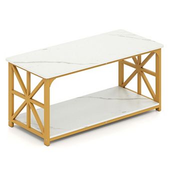 2 tier Coffee Table with Storage Shelf and X Frame Sides for Living Room