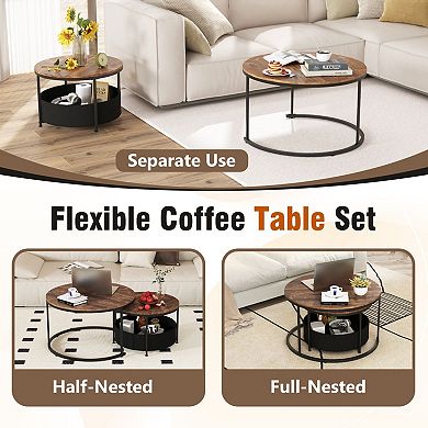Set of 2 Nesting Coffee Tables Built In Storage Basket for Living Room