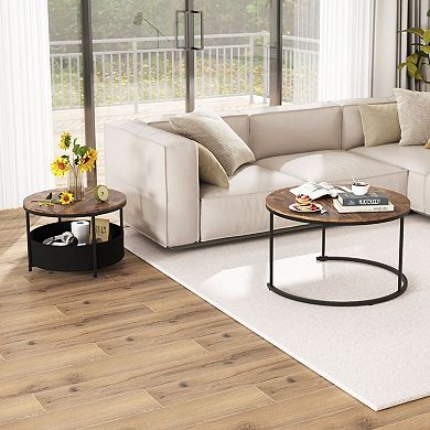 Set of 2 Nesting Coffee Tables Built In Storage Basket for Living Room