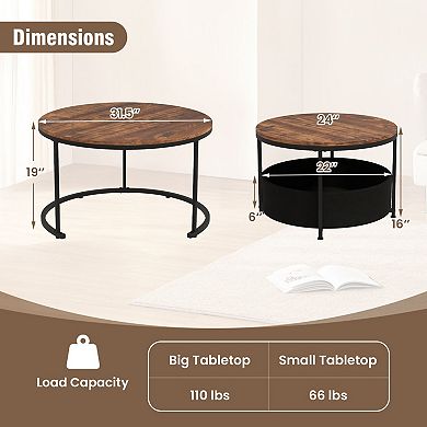 Set of 2 Nesting Coffee Tables Built In Storage Basket for Living Room