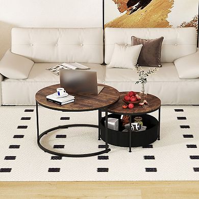 Set of 2 Nesting Coffee Tables Built In Storage Basket for Living Room