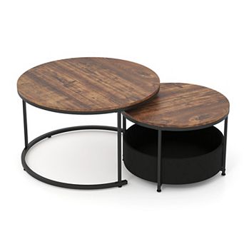 Set of 2 Nesting Coffee Tables Built In Storage Basket for Living Room