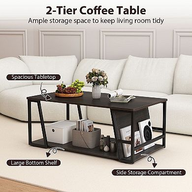 Modern 2 Tier Coffee Table with Side Storage Compartment and Open Shelf Storage for Living Room