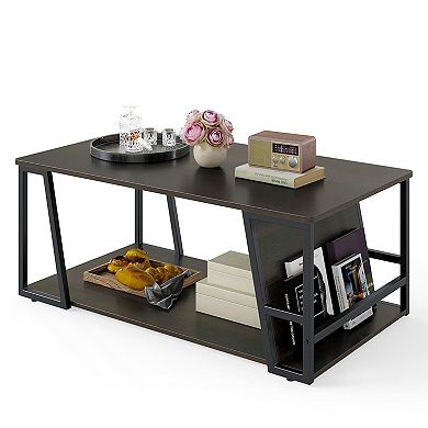 Modern 2 Tier Coffee Table with Side Storage Compartment and Open Shelf Storage for Living Room