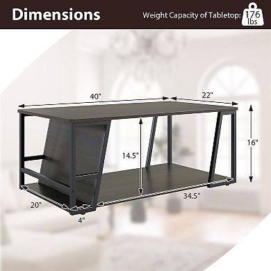 Modern 2 Tier Coffee Table with Side Storage Compartment and Open Shelf Storage for Living Room
