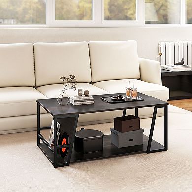 Modern 2 Tier Coffee Table with Side Storage Compartment and Open Shelf Storage for Living Room
