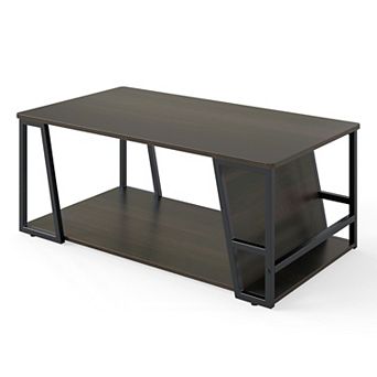 Modern 2 tier Coffee Table with Side Storage Compartment and Open Shelf Storage for Living Room