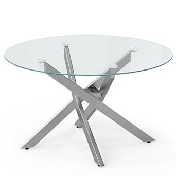 Contemporary Glass Coffee Table with Cross Leg Metal Frame for Living Room and Office