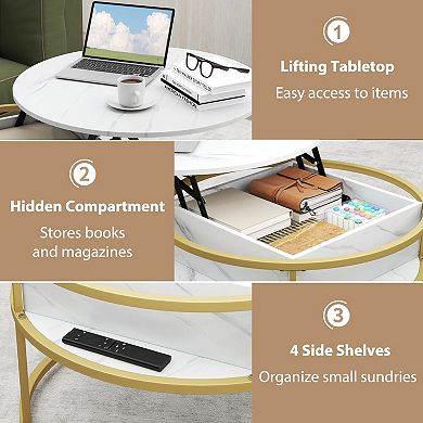 Round Lift Top Coffee Table with Hidden Storage Compartment and Side Shelves for Living Room