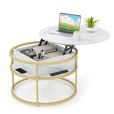 Round Lift Top Coffee Table with Hidden Storage Compartment and Side Shelves for Living Room