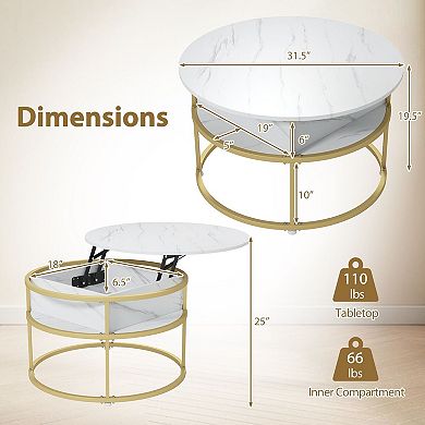 Round Lift Top Coffee Table with Hidden Storage Compartment and Side Shelves for Living Room