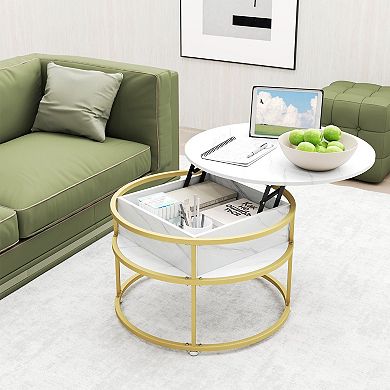 Round Lift Top Coffee Table with Hidden Storage Compartment and Side Shelves for Living Room