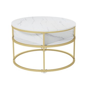 Round Lift Top Coffee Table with Hidden Storage Compartment and Side Shelves for Living Room