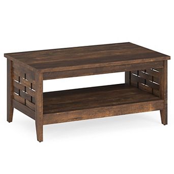 2 tier Farmhouse Coffee Table with Open Storage Shelf and Woven Side Panels for Living Room