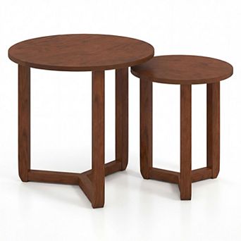 Set of 2 Round Nesting Coffee Tables with Tripod Base and Wood Grain Finish for Living Room Use