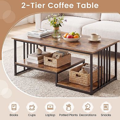Contemporary 2 Tier Coffee Table with Open Shelf Storage and Metal Frame Design for Living Room