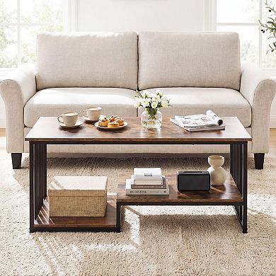 Contemporary 2 Tier Coffee Table with Open Shelf Storage and Metal Frame Design for Living Room