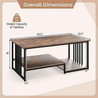 Contemporary 2 Tier Coffee Table with Open Shelf Storage and Metal Frame Design for Living Room