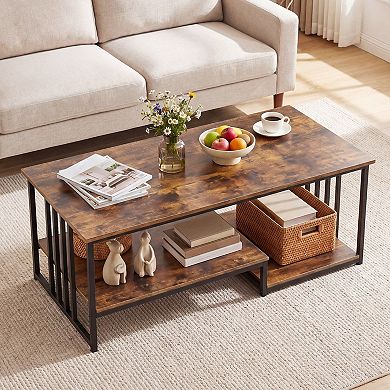 Contemporary 2 Tier Coffee Table with Open Shelf Storage and Metal Frame Design for Living Room
