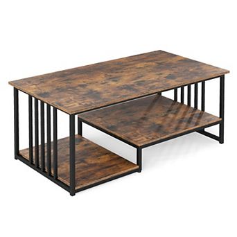 Contemporary 2 tier Coffee Table with Open Shelf Storage and Metal Frame Design for Living Room