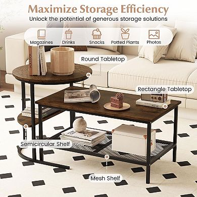 2Pc Coffee Table Set with Rectangular Table & Side Table with Open Storage Shelves for Living Room