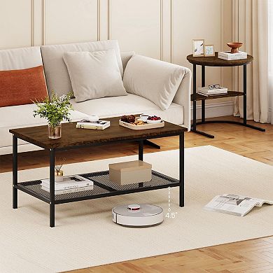 2Pc Coffee Table Set with Rectangular Table & Side Table with Open Storage Shelves for Living Room